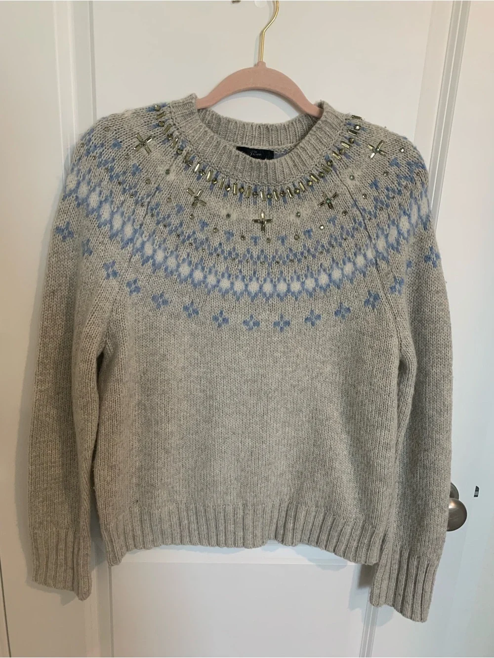 J. Crew Embellished Fair Isle Crewneck Sweater - Light Gray & Pale Blue